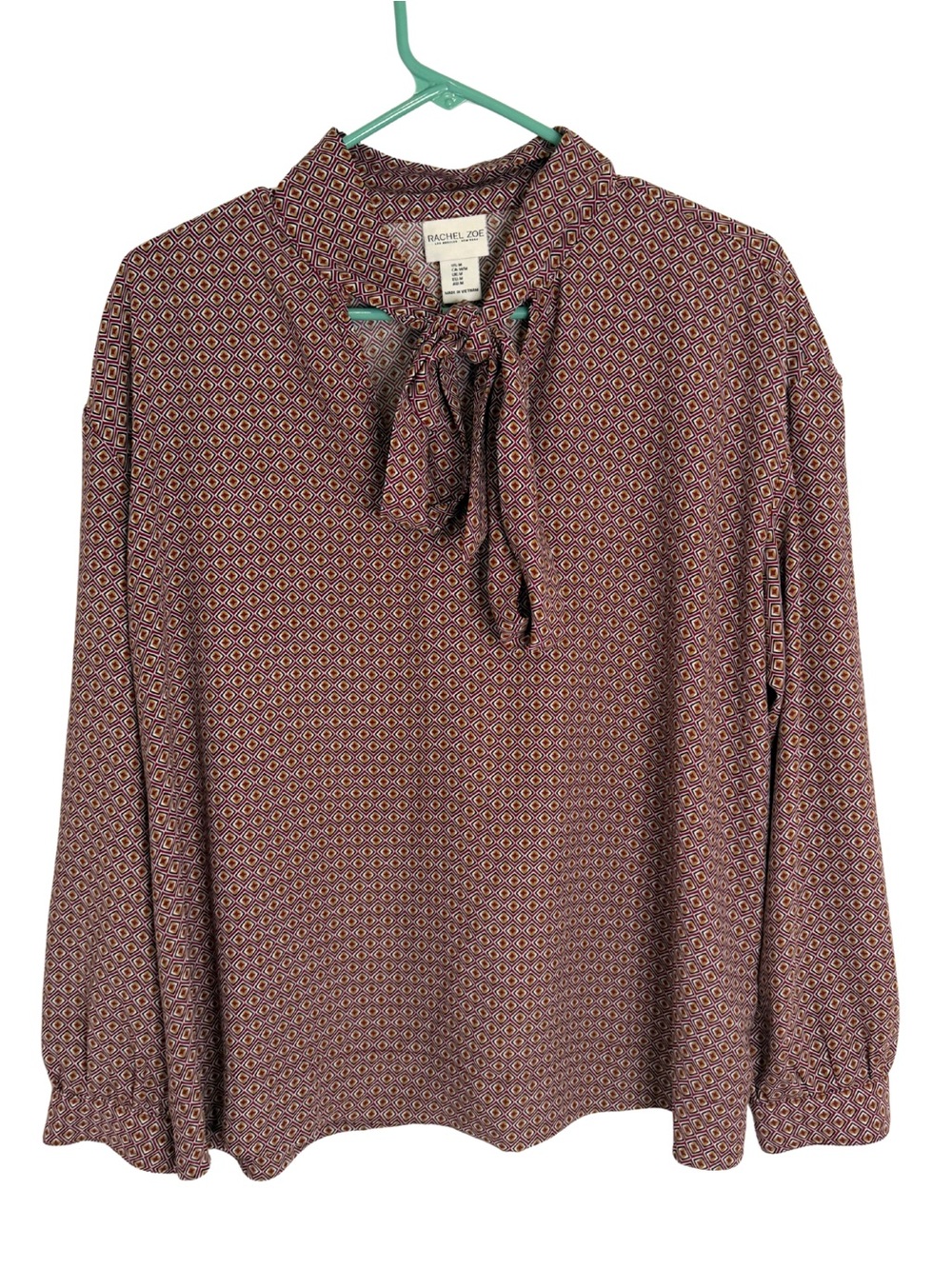 Rachel Zoe Geometric Print Long Sleeve Tie-Neck Blouse Size Medium